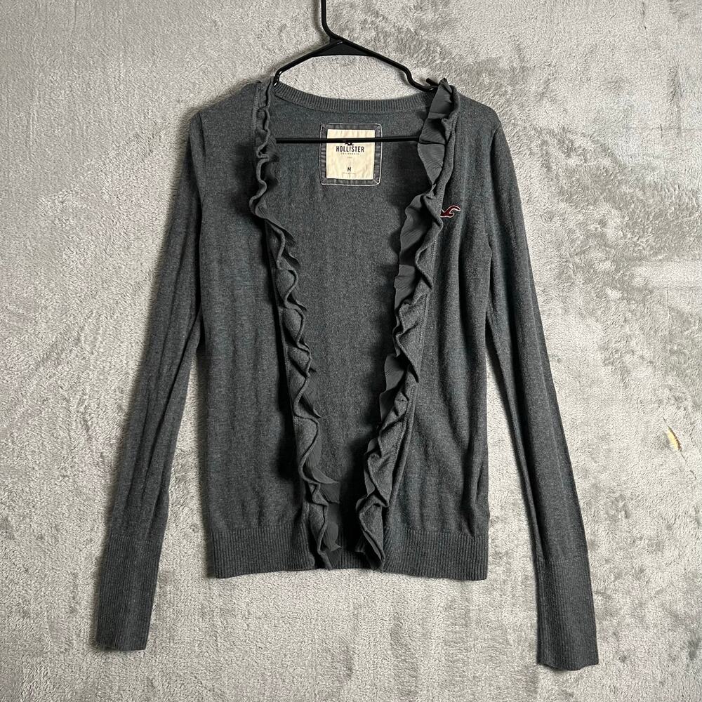 Hollister Ruffle‎ Trim Cardigan Gray Vintage Y2K Preppy Sweater Medium